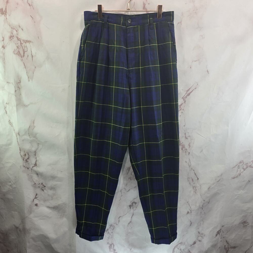 Vintage Plaid Pants Womens 30 Blue Tartan Scotch High Rise 80s 90s Barrel Leg